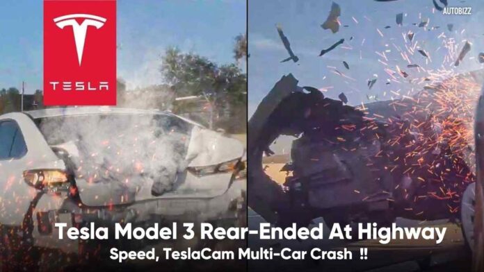 Tesla Model 3 Rear-Ended At Highway Speed, TeslaCam Multi-Car Crash