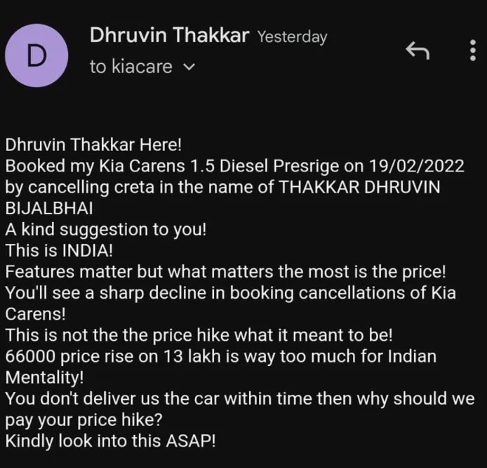 A number Of Cancellations Seen In Kia Carens Due To Lack Of Price Protection.