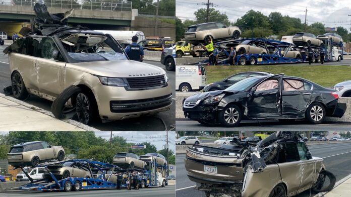 Brand New 2023 Range Rover Decapitated After Falling Off Car Carrier And Colliding With Honda